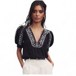 By Anthropologie Puff Sleeve Black Embroidered Boho Blouse size women’s Small